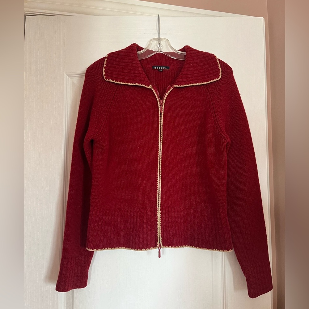 100% Wool - Elegant Red Women's Cardigan with Gold Trim